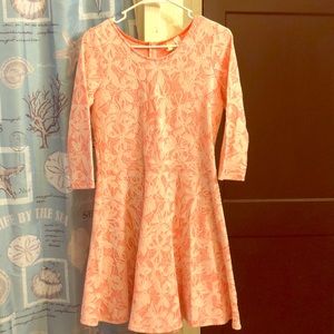 Coral with white floral overlay dress.